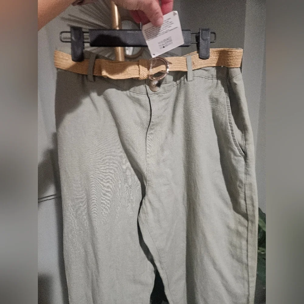 ZARA Linen Blend Belted Tapered Pants – Sage Green – NWT – Size US 6